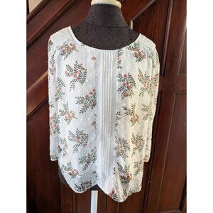 Lauren Conrad Floral Sheer Blouse Size L White 3/4 Sleeve Womens Top